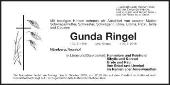 Traueranzeige von Gunda Ringel von Gesamtausgabe Nürnberger Nachrichten/ Nürnberger Ztg.