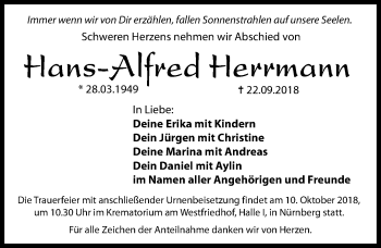 Traueranzeige von Hans-Alfred Herrmann von Gesamtausgabe Nürnberger Nachrichten/ Nürnberger Ztg.