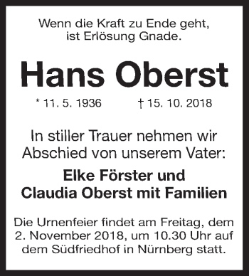 Traueranzeige von Hans Oberst von Gesamtausgabe Nürnberger Nachrichten/ Nürnberger Ztg.