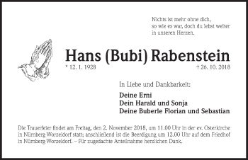 Traueranzeige von Hans Rabenstein von Gesamtausgabe Nürnberger Nachrichten/ Nürnberger Ztg.