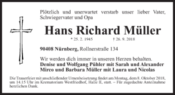Traueranzeige von Hans Richard Müller von Gesamtausgabe Nürnberger Nachrichten/ Nürnberger Ztg.