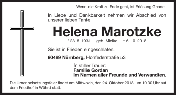 Traueranzeige von Helena Marotzke von Gesamtausgabe Nürnberger Nachrichten/ Nürnberger Ztg.