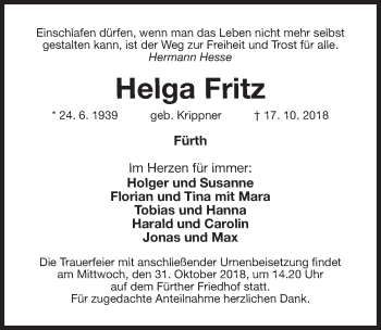Traueranzeige von Helga Fritz von Fürther Nachrichten Lokal