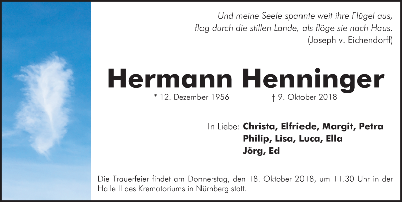  Traueranzeige für Hermann Henninger vom 16.10.2018 aus Gesamtausgabe Nürnberger Nachrichten/ Nürnberger Ztg.