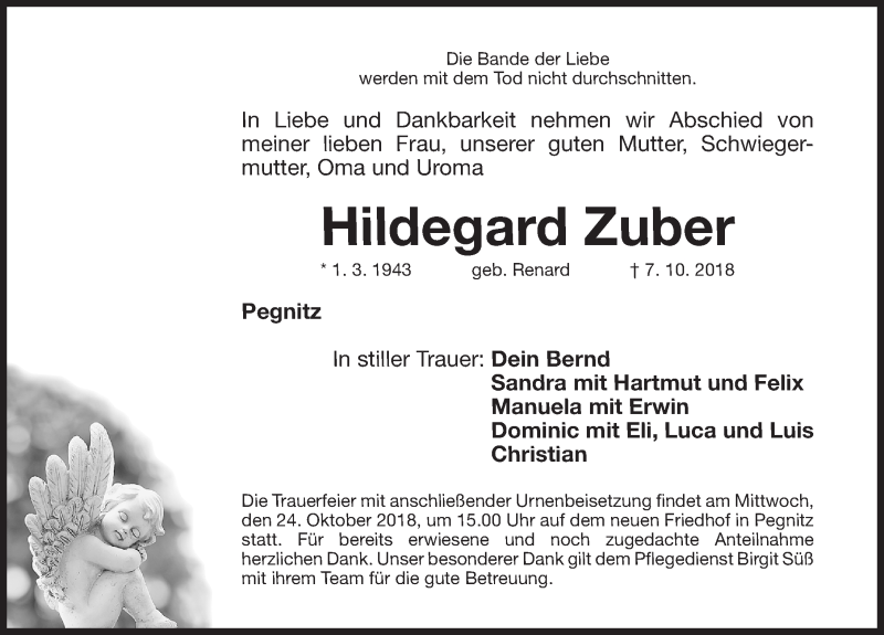  Traueranzeige für Hildegard Zuber vom 22.10.2018 aus Nordbayerische Nachrichten Pegnitz Lokal