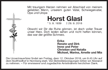 Traueranzeige von Horst Glasl von Gesamtausgabe Nürnberger Nachrichten/ Nürnberger Ztg.