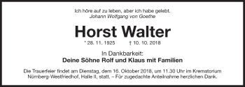 Traueranzeige von Horst Walter von Gesamtausgabe Nürnberger Nachrichten/ Nürnberger Ztg.