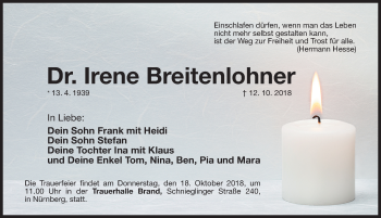Traueranzeige von Irene Breitenlohner von Gesamtausgabe Nürnberger Nachrichten/ Nürnberger Ztg.
