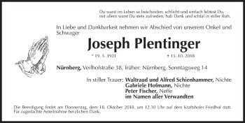 Traueranzeige von Joseph Plentinger von Gesamtausgabe Nürnberger Nachrichten/ Nürnberger Ztg.