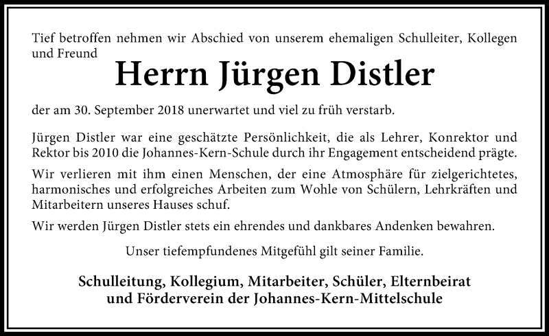  Traueranzeige für Jürgen Distler vom 05.10.2018 aus Schwabach