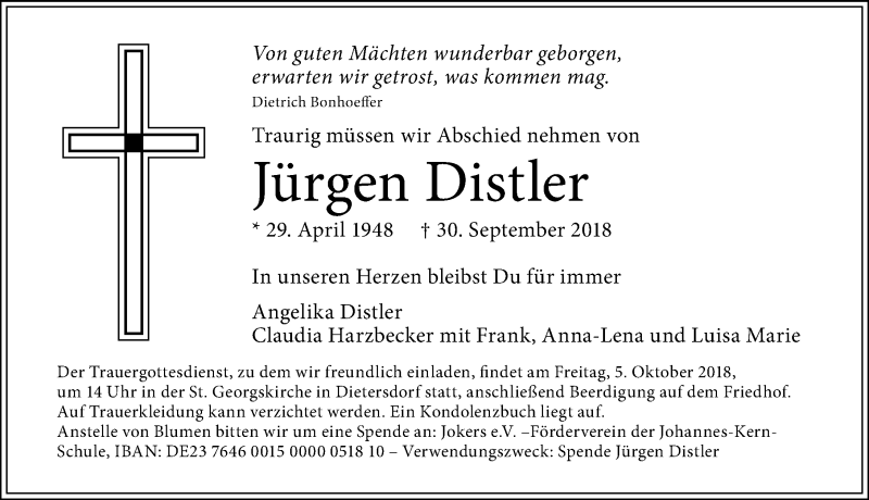  Traueranzeige für Jürgen Distler vom 03.10.2018 aus Schwabach