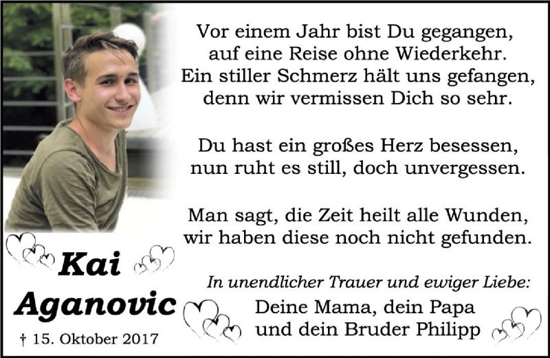  Traueranzeige für Kai Aganovic vom 15.10.2018 aus Altmühl-Bote Lokal