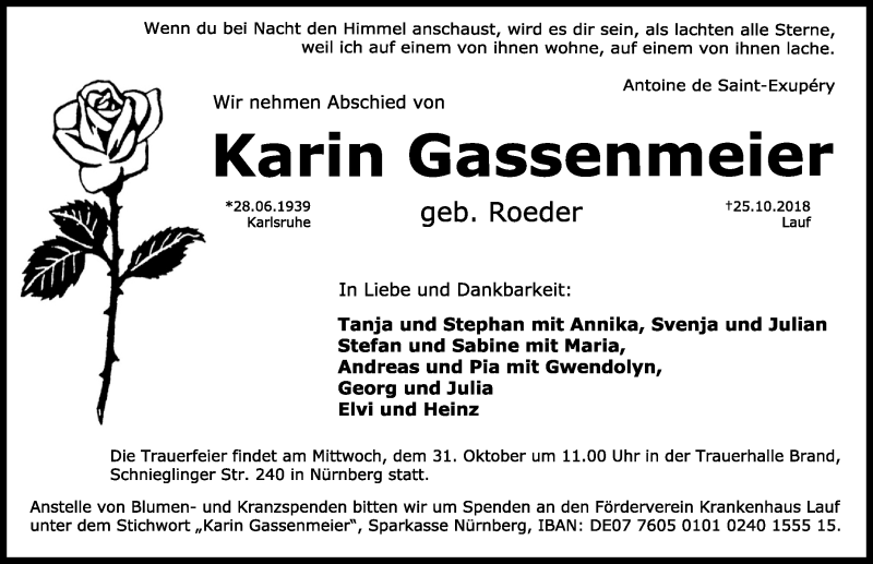  Traueranzeige für Karin Gassenmeier vom 30.10.2018 aus Gesamtausgabe Nürnberger Nachrichten/ Nürnberger Ztg.