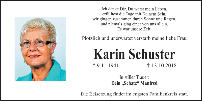  Traueranzeige für Karin Schuster vom 20.10.2018 aus Erlanger Nachrichten Lokal