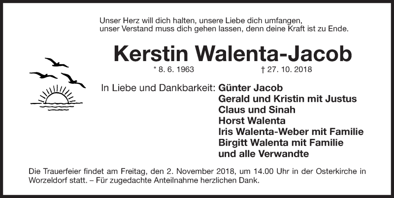  Traueranzeige für Kerstin Walenta-Jacob vom 31.10.2018 aus Gesamtausgabe Nürnberger Nachrichten/ Nürnberger Ztg.