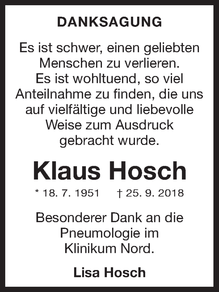  Traueranzeige für Klaus Hosch vom 10.10.2018 aus Gesamtausgabe Nürnberger Nachrichten/ Nürnberger Ztg.
