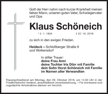 Traueranzeige von Klaus Schöneich von Roth-Hilpoltsteiner Volkszeitung Lokal