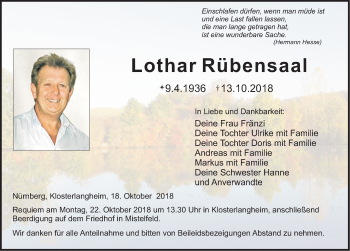 Traueranzeige von Lothar Rübensaal von Gesamtausgabe Nürnberger Nachrichten/ Nürnberger Ztg.
