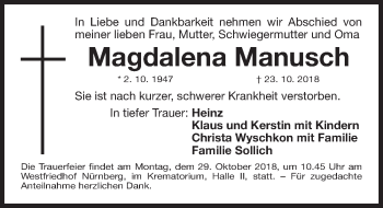 Traueranzeige von Magdalena Manusch von Gesamtausgabe Nürnberger Nachrichten/ Nürnberger Ztg.