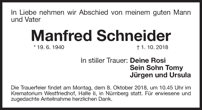  Traueranzeige für Manfred Schneider vom 06.10.2018 aus Gesamtausgabe Nürnberger Nachrichten/ Nürnberger Ztg.