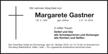 Traueranzeige von Margarete Gastner von Gesamtausgabe Nürnberger Nachrichten/ Nürnberger Ztg.