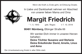 Traueranzeige von Margit Friedrich von Gesamtausgabe Nürnberger Nachrichten/ Nürnberger Ztg.
