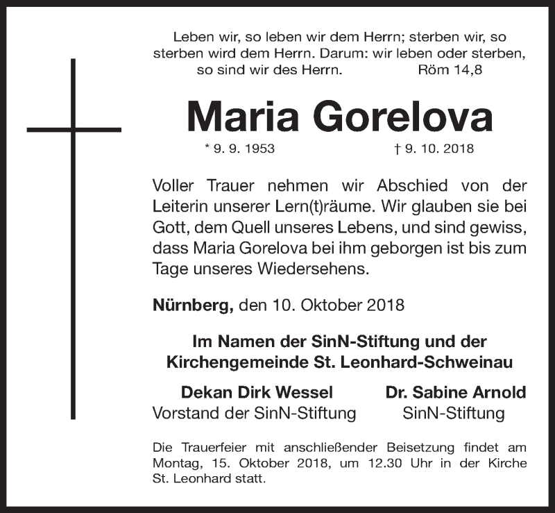  Traueranzeige für Maria Gorelova vom 13.10.2018 aus Gesamtausgabe Nürnberger Nachrichten/ Nürnberger Ztg.