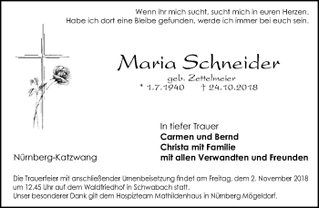 Traueranzeige von Maria Schneider von Schwabach