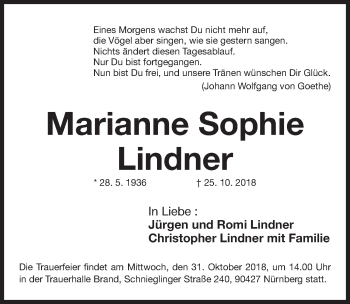Traueranzeige von Marianne Sophie Lindner von Gesamtausgabe Nürnberger Nachrichten/ Nürnberger Ztg.