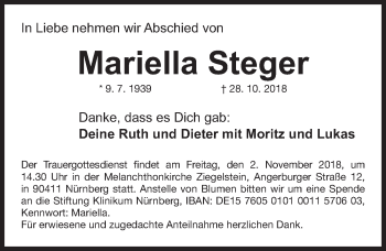 Traueranzeige von Mariella Steger von Gesamtausgabe Nürnberger Nachrichten/ Nürnberger Ztg.