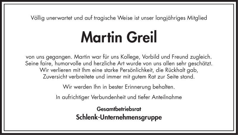  Traueranzeige für Martin Greil vom 26.10.2018 aus HRHV,HWT