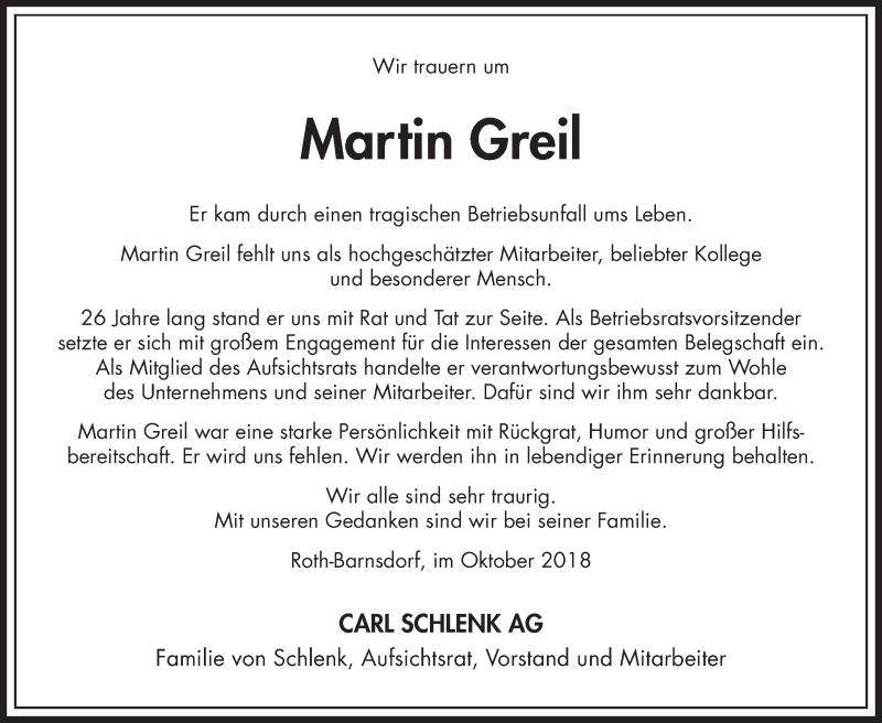  Traueranzeige für Martin Greil vom 26.10.2018 aus HRHV,HWT