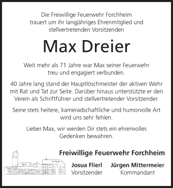 Traueranzeige von Max Dreier von Nordbayerische Nachrichten Forchheim Lokal