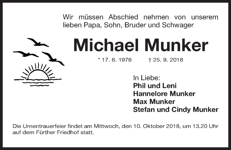  Traueranzeige für Michael Munker vom 06.10.2018 aus Fürther Nachrichten Lokal