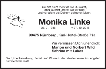 Traueranzeige von Monika Linke von Gesamtausgabe Nürnberger Nachrichten/ Nürnberger Ztg.