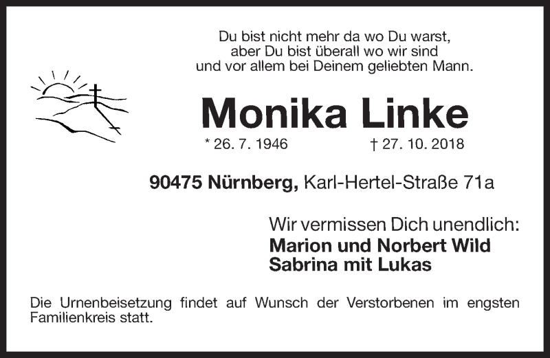  Traueranzeige für Monika Linke vom 31.10.2018 aus Gesamtausgabe Nürnberger Nachrichten/ Nürnberger Ztg.