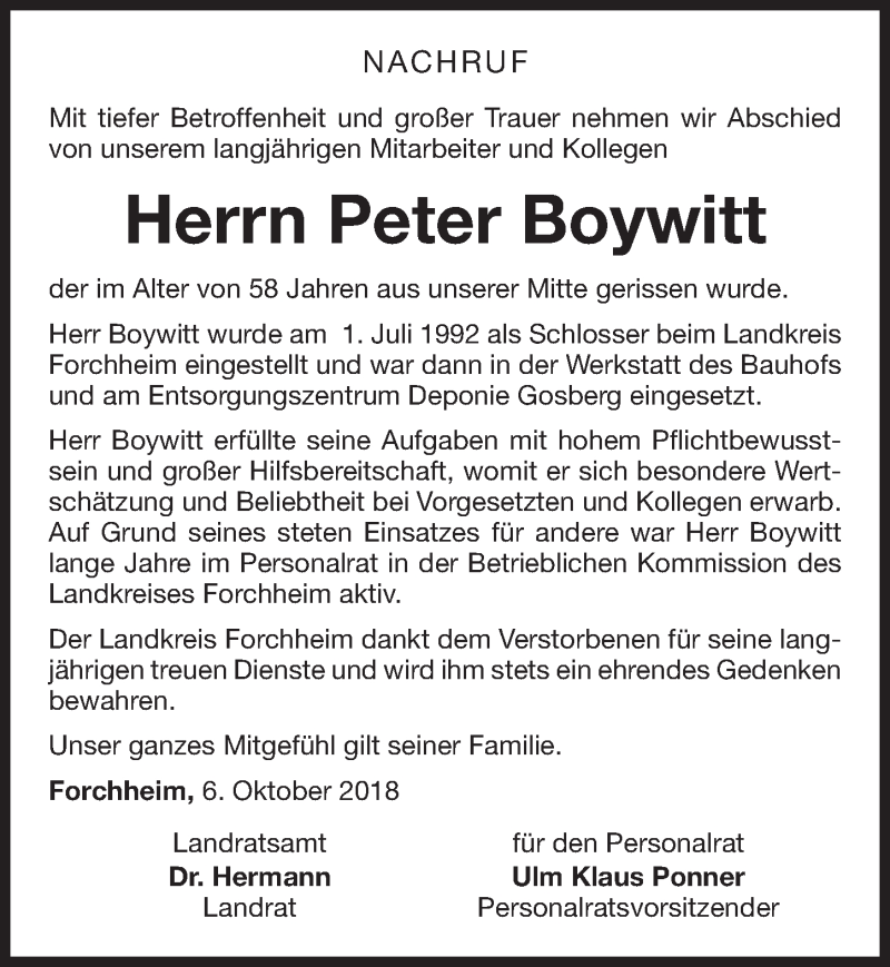  Traueranzeige für Peter Boywitt vom 06.10.2018 aus Nordbayerische Nachrichten Forchheim Lokal