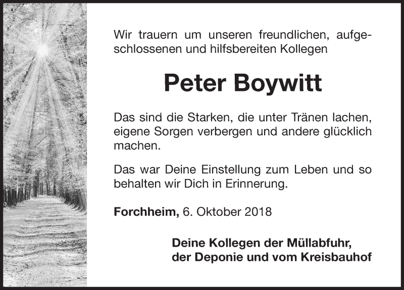 Traueranzeige für Peter Boywitt vom 06.10.2018 aus Nordbayerische Nachrichten Forchheim Lokal