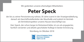 Traueranzeige von Peter Speck von Gesamtausgabe Nürnberger Nachrichten/ Nürnberger Ztg.