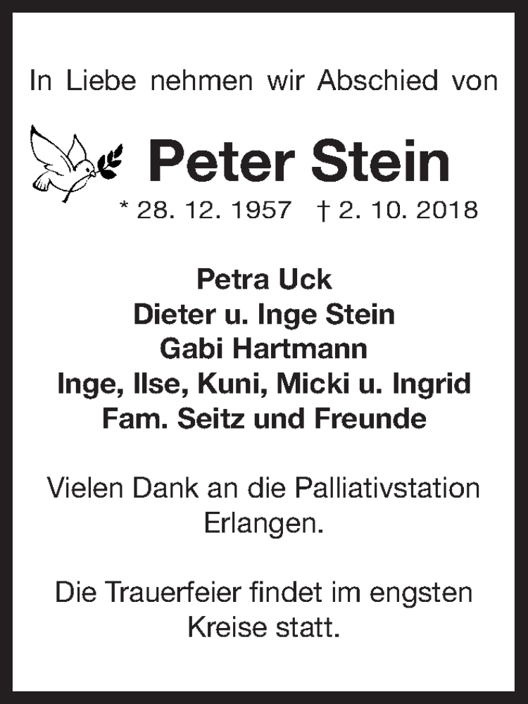  Traueranzeige für Peter Stein vom 10.10.2018 aus Erlanger Nachrichten Lokal