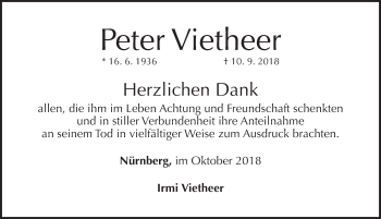 Traueranzeige von Peter Vietheer von Gesamtausgabe Nürnberger Nachrichten/ Nürnberger Ztg.