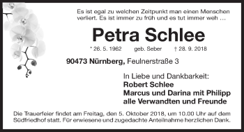 Traueranzeige von Petra Schlee von Gesamtausgabe Nürnberger Nachrichten/ Nürnberger Ztg.