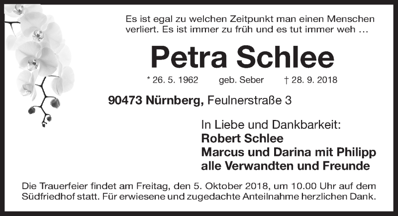  Traueranzeige für Petra Schlee vom 03.10.2018 aus Gesamtausgabe Nürnberger Nachrichten/ Nürnberger Ztg.