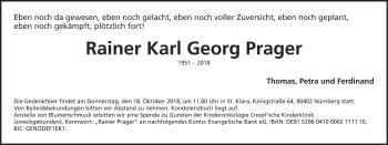 Traueranzeige von Rainer Karl Georg Prager von Gesamtausgabe Nürnberger Nachrichten/ Nürnberger Ztg.