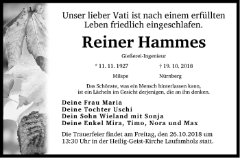 Traueranzeige von Reiner Hammes von Gesamtausgabe Nürnberger Nachrichten/ Nürnberger Ztg.