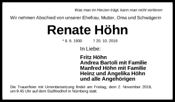 Traueranzeige von Renate Höhn von Gesamtausgabe Nürnberger Nachrichten/ Nürnberger Ztg.
