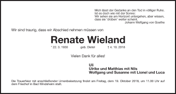 Traueranzeige von Renate Wieland von Gesamtausgabe Nürnberger Nachrichten/ Nürnberger Ztg.