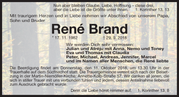 Traueranzeige von René Brand von Gesamtausgabe Nürnberger Nachrichten/ Nürnberger Ztg.