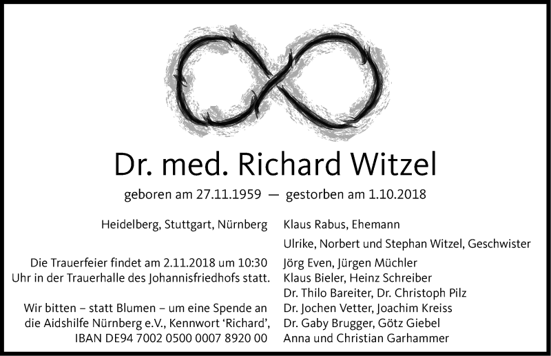  Traueranzeige für Richard Witzel vom 29.10.2018 aus Gesamtausgabe Nürnberger Nachrichten/ Nürnberger Ztg.