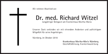 Traueranzeige von Richard Witzel von Gesamtausgabe Nürnberger Nachrichten/ Nürnberger Ztg.